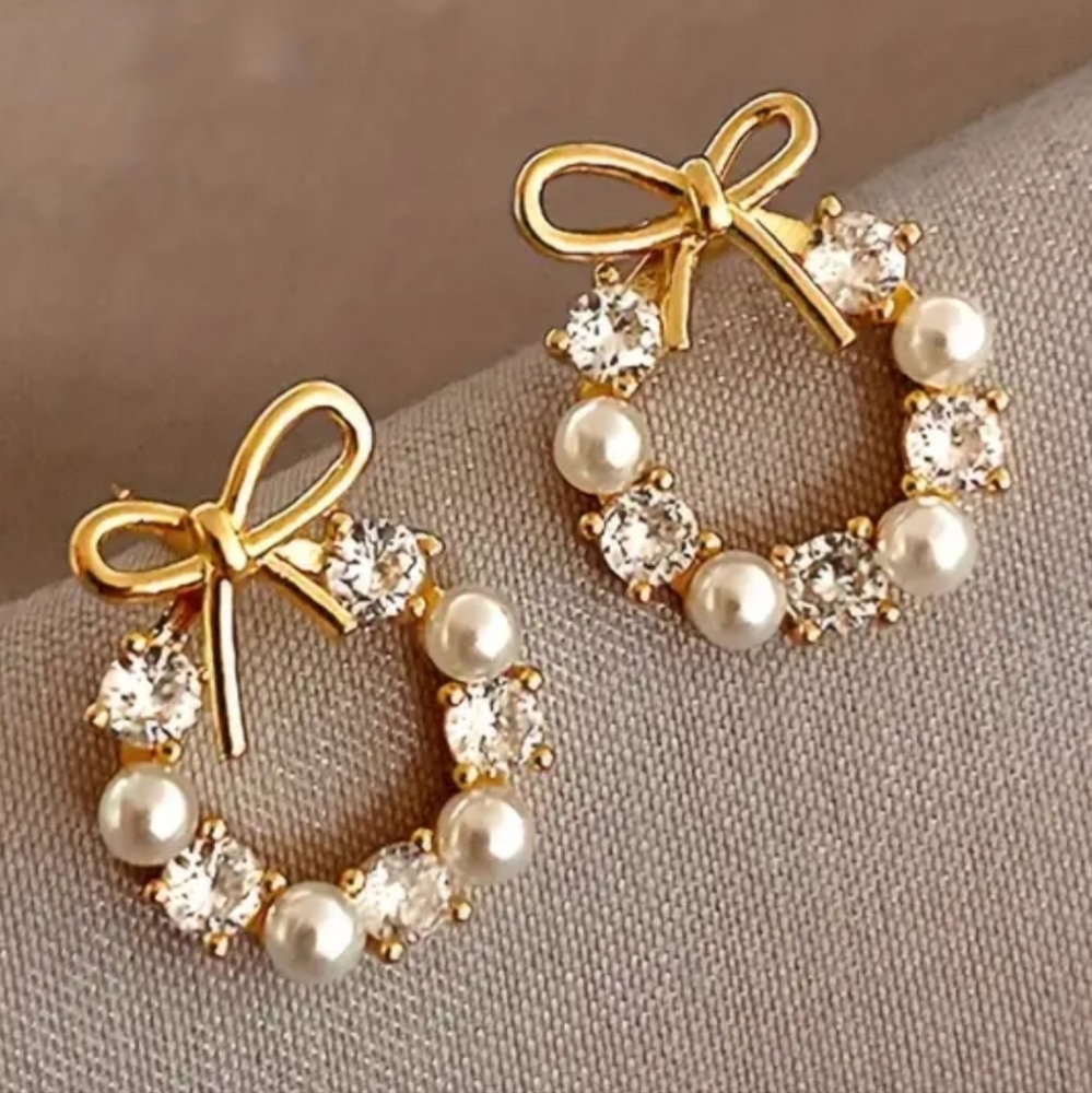 Simulated Diamond Pearl Wreath bow Earrings 925S Post